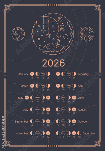 Astrological calendar for the year 2026. Lunar monthly cycle planner. Astrological lunar phases schedule. Lunar calendar isolated on a dark blue background, vector illustration