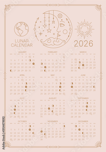 2026 year moon calendar, monthly lunar cycle planner template. Astrological lunar phases schedule and cycles banner with Sun and Earth planet thin line style vector illustration