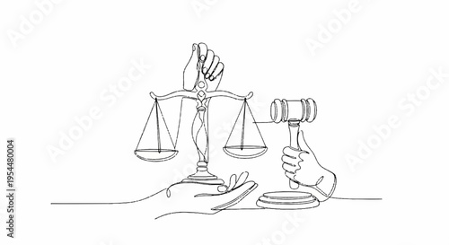 Justice scales and gavel held by hands symbolizing law and order in a simple line drawing