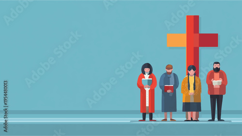 Vector illustration of people standing with a cross