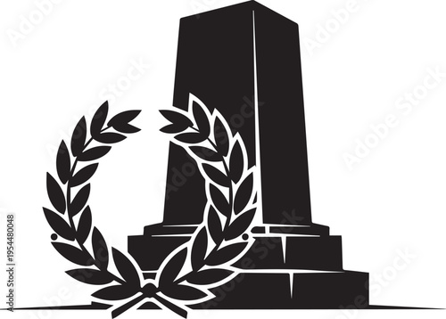 Memorial monument silhouette vector illustration with laurel wreath symbol and line art