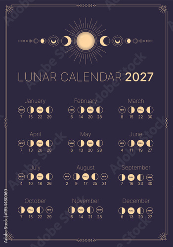 Lunar map for 2027. Astrological calendar banner, poster, card, lunar chart. Moon Phase Calendar. Lunar calendar isolated on dark blue background. Vector illustration of lunar calendar.