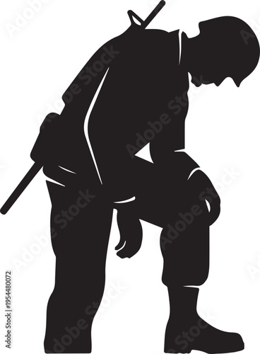 Military soldier silhouette kneeling in prayer or fatigue vector illustration profile view