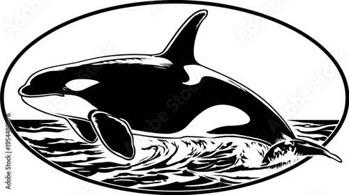 Orca surfacing in ocean waves, rendered in striking black and white graphic style