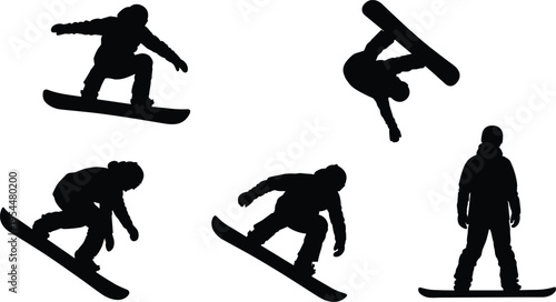Snowboarder silhouettes, winter sports action poses, snowboarding jumping and riding, extreme mountain sport icons, active outdoor winter recreation lifestyle