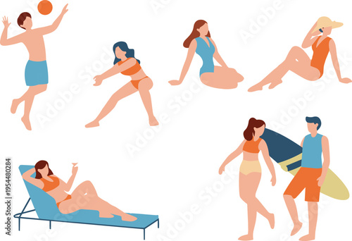 Summer beach people vector set, men and women relaxing, playing volleyball and sunbathing in swimwear, seaside vacation lifestyle illustration for travel and holiday design