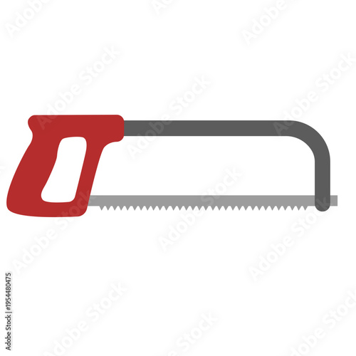 Red hacksaw icon for metal cutting, labor day, construction tools, skilled trades, professional equipment, industrial work, repair projects, and technical craftsmanship.