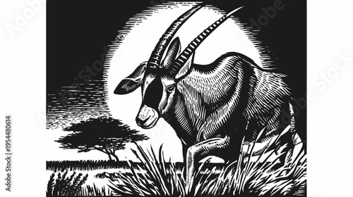 Striking black and white illustration of an oryx in the savanna with tree and grasses