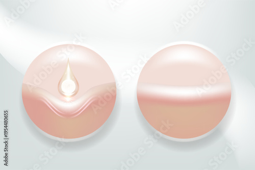 Hyaluronic acid and Niacinamide before and after skin solutions ad, white collagen serum drops into skin cell with cosmetic advertising background ready to use, illustration vector.	