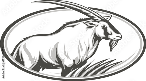 Elegant monochrome illustration of a standing oryx inside an oval frame