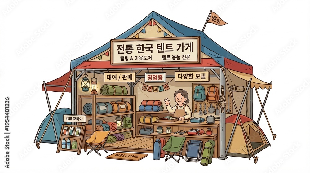 Obraz premium A woman sells camping gear and food at an outdoor market stall.