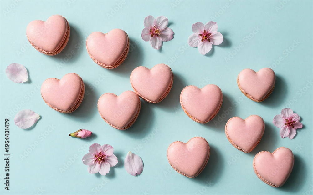 Obraz premium Pink heart macarons with cherry blossoms on a soft blue background.