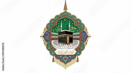 The Kaaba in Mecca is a revered Islamic landmark surrounded by pilgrims in a beautifully decorated frame.