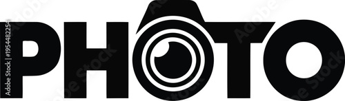 A black and white photo logo with a camera lens