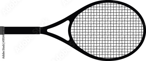 Tennis racket sports equipment illustration with detailed string mesh and handle, isolated athletic gear for tennis game, training, competition and recreational sport design