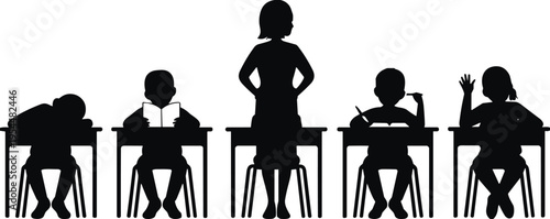 Teacher standing in classroom with diverse student behaviors at desks, education concept illustration showing bored, reading, writing, thinking and raising hand school children silhouettes