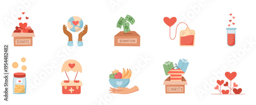 Charity donation icon set in flat style. People give money and food with heart and love as help to community. Blood bag as humanitarian support share concept for donate, welfare aid social care use