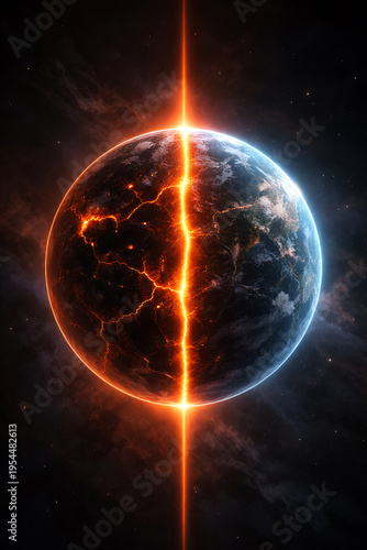 Dramatic earth split with glowing lava crack and cosmic light beam symbolizing climate crisis destruction and planetary transformation concept