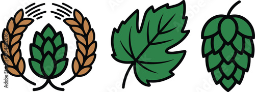 Vector Icons Set of Hops, Laurel, and Green Leaves for Brewing, Beer, and Agriculture Designs
