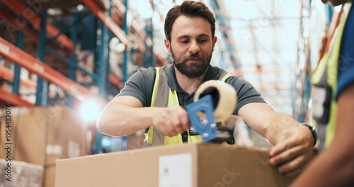 Картината върху платно Man, team and tape at warehouse for boxes with logistics, quality assurance and inventory management