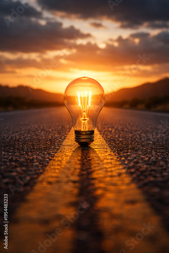 Glowing light bulb on empty road at sunset symbolizing innovation idea inspiration journey and creative thinking concept