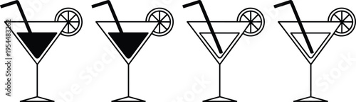 Vector Icons Set of Cocktail Glasses with Straw and Lime for Drink, Bar, and Beverage Designs
