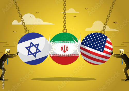 Wrecking Balls with Flags of Israel, Iran, and USA Clashing