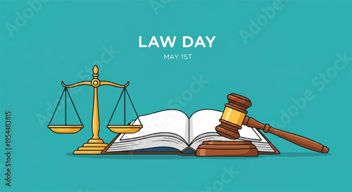 Law day concept with gavel scales of justice and open book on a teal background symbolizing legal judgment and knowledge