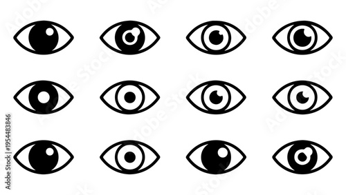 A collection of stylized black and white eye icons arranged in a grid pattern