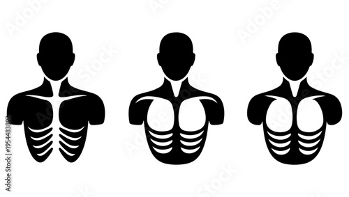 Three silhouetted male figures displaying varying degrees of abdominal muscle definition