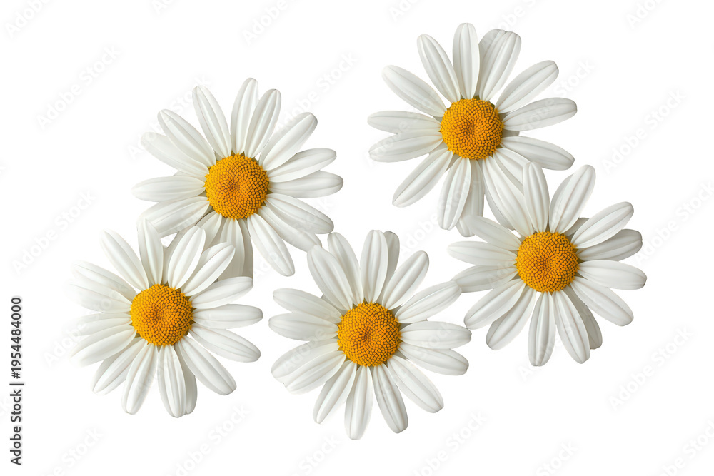Obraz premium Five white daisies with yellow centers blooming, representing spring, nature, and growth with a transparent background