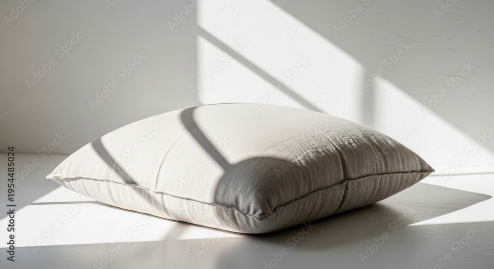 Obraz premium A textured, light-colored floor cushion rests peacefully in a sunlit room, casting soft shadows, perfect for creating a cozy relaxation space.