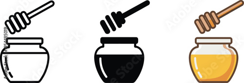 Honey Jar and Dipper Icon Set with Outline, Black, and Golden Honey Variations for Food and Agriculture Designs