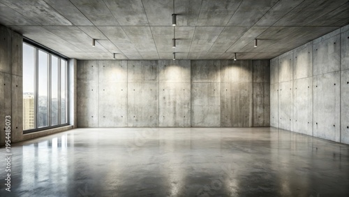 A panoramic view of a room with an old concrete wall background and an empty floor, showcasing the vast space and architectural details , room, empty floor