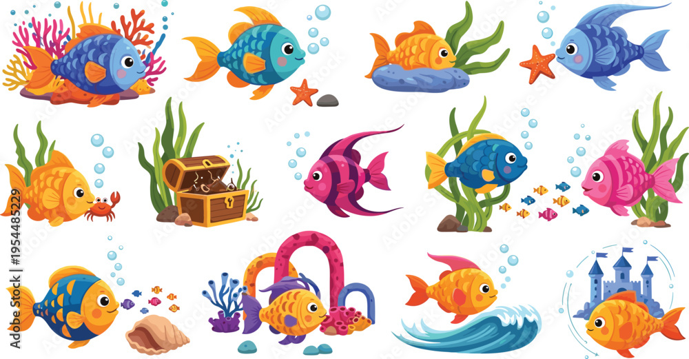 Obraz premium Cute Fish and Underwater Elements Set with Coral Reef, Treasure Chest, Sea Plants and Ocean Life Cartoon Vector Collection for Kids Designs and Stickers