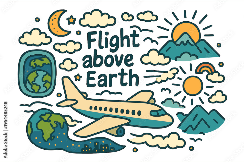 Fototapeta premium Airborne Adventure. Flight above earth. Hand-drawn doodle illustration of flight above earth. Airplane, clouds