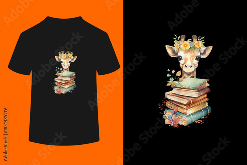Cute Giraffe with Book Floral Bookworm Librarian Book Lover T-Shirt
