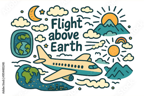 Airborne Adventure. Flight above earth. Hand-drawn doodle illustration of flight above earth. Airplane, clouds