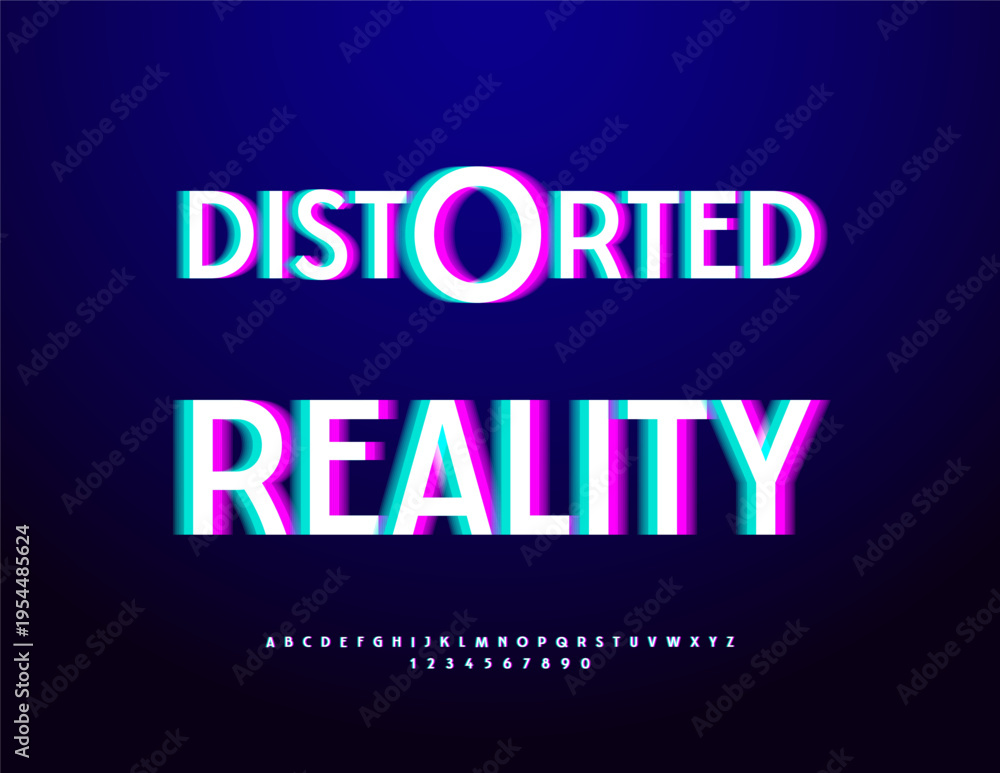 Obraz premium Vector Digital concept Distorted Reality. Bright Cyber Font. Glitched effect Alphabet Letters and Numbers set.