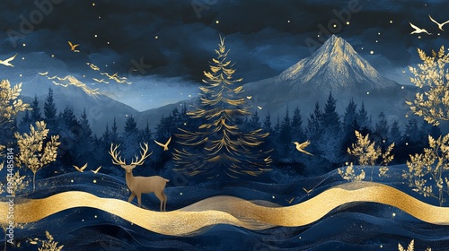 Dark blue christmas forest mural with gold waves deer and mountain scene