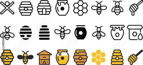 Honey, Bee, and Hive Icon Set with Minimalist Line Drawings for Natural Products and Honey Branding