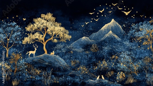 Dark blue christmas forest mural with gold waves deer and mountain scene
