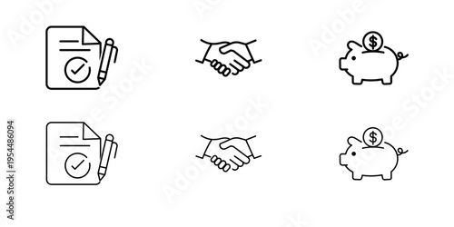 Finance Agreement and Contract Stroke Icon Set. Containing Handshake, Document Approval, Savings, Investment and more.