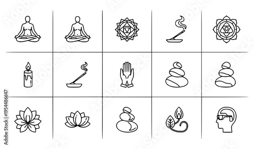 Meditation mindfulness thin outline icons vector pixel perfect spiritual collection