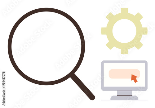 Digital marketing, search tools, data analysis, technical support, online research, web navigation. Magnifying glass, gear and computer screen with a cursor. SEO and digital marketing concept