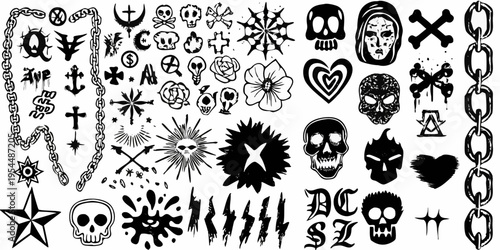 Collection of black and white gothic tattoo flash designs and symbols