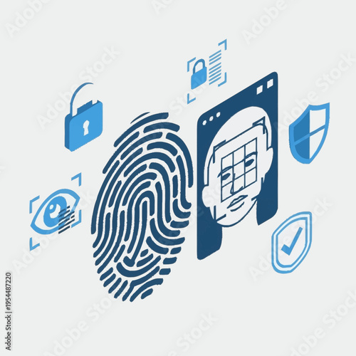 Isometric illustration of biometric identification and security features, including fingerprint, face scan, eye scan, and digital protection.