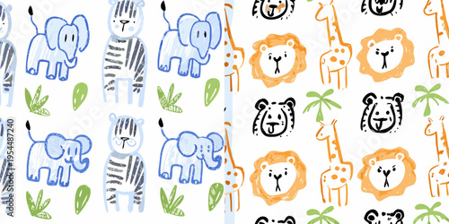 Playful pattern of hand drawn animals including elephants zebras lions and giraffes