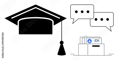 Education and career development concept. Education through a graduation cap, career development with resumes, and communication via speech bubbles. For recruitment, elearning, job applications
