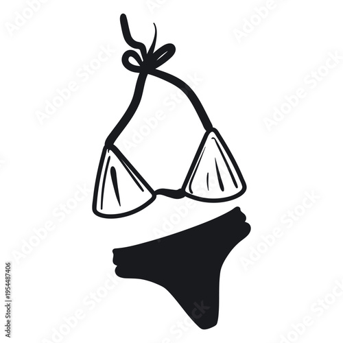Hand drawn bikini swimsuit vector illustration. Minimalist black ink line art sketch of two piece swimwear isolated on white background for beach fashion and travel design.